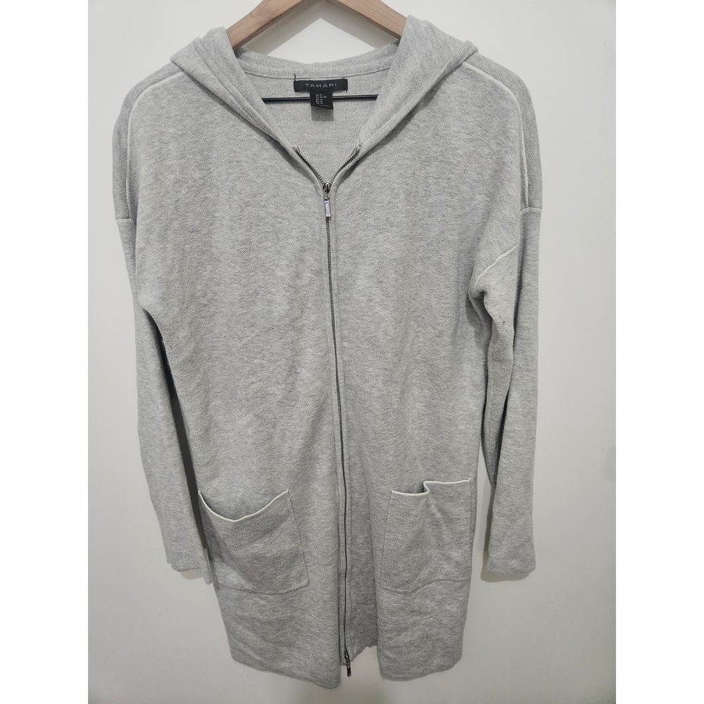 Tahari Heather Gray Longline Full Zip Hooded Cardigan Sweater‎ Women XL